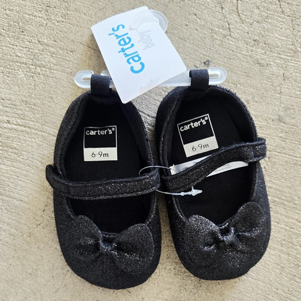 CARTER'S Infant Glittery Black Buckled Mary Janes with Bow 6-9 Months NWT